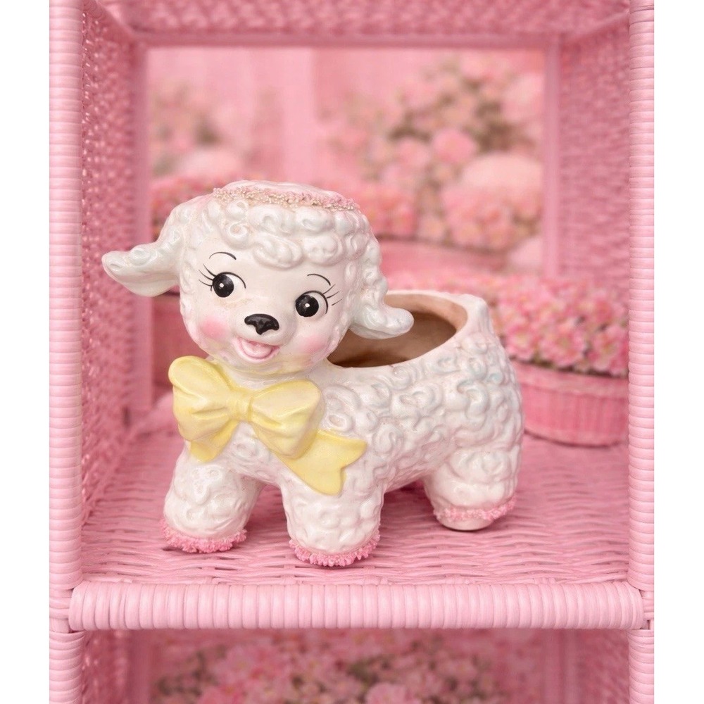 Vintage 1961 Relpo/Samson Import Co. ceramic lamb Pink White Spaghetti planter